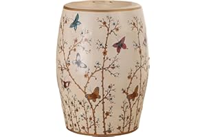 HYFANIYH Ceramic Drum Garden Stool, Flower and Butterfly, Classic, Cottage, Country,Living Room, Bathroom, Balcony, Patio (White)