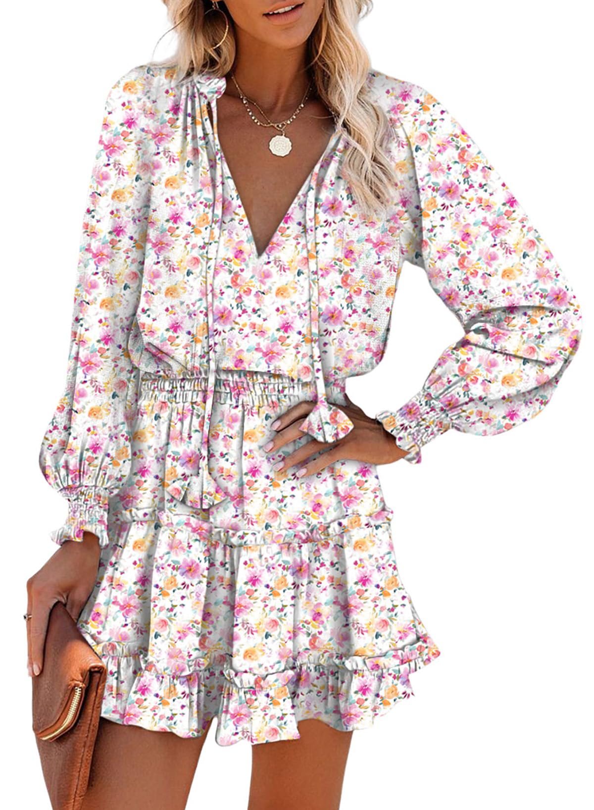Photo 1 of Dokotoo Fall Dresses for Women 2024 Boho Floral Drawstring V Neck Long Sleeve Smocked Elastic Waist Ruffle Tiered Casual Flowy Swing Beach Sun Mini Dress Sundress Vacation Outfits Large