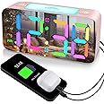 RGB Mirror Alarm Clock for Girl Bedroom, 2 Alarms Loud LED Big 15-Color Dimmable Display Plug in Simple Digital Clock with 7-Color Nightlight, 2 USB Ports, Adjustable 4-Volume for Kid Elderly Office