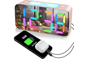 RGB Mirror Alarm Clock for Girl Bedroom, 2 Alarms Loud LED Big 15-Color Dimmable Display Plug in Simple Digital Clock with 7-
