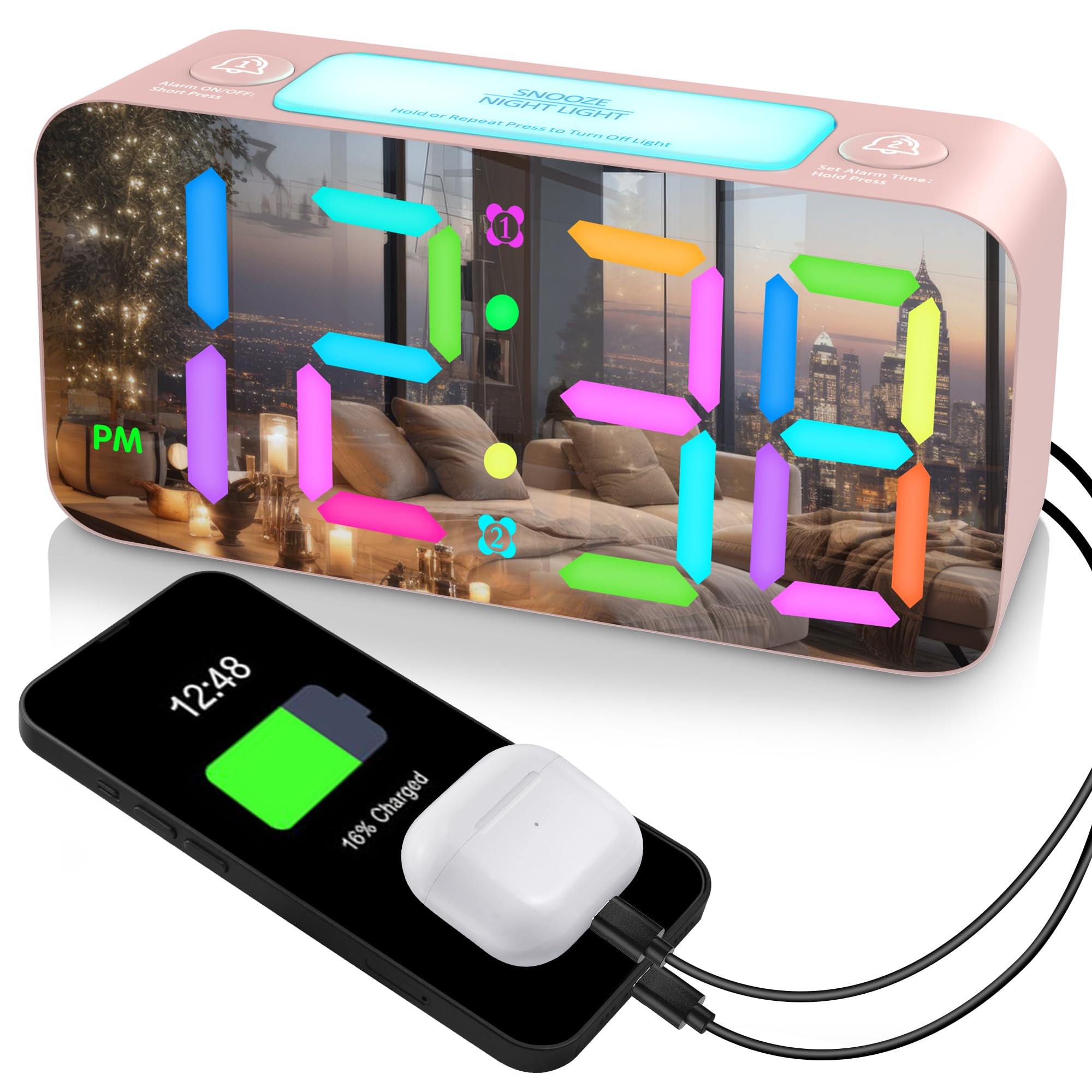 Photo 1 of RGB Mirror Alarm Clock for Girl Bedroom, 2 Alarms Loud LED Big 15-Color Dimmable Display Plug in Simple Digital Clock with 7-Color Nightlight, 2 USB Ports, Adjustable 4-Volume for Kid Elderly Office
