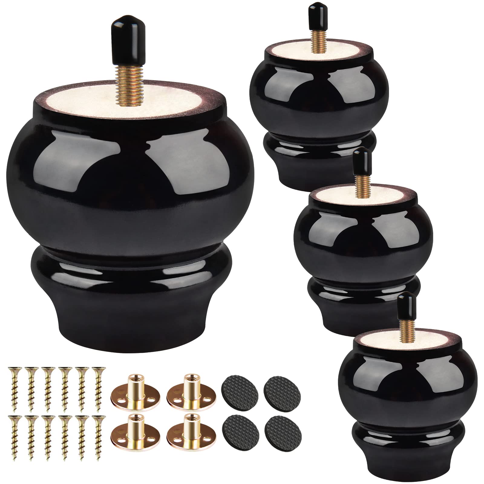 TCHOSUZ 3 inch / 8cm Wooden Furniture Legs, Pack of 4 Classic Black Solid Wood Turned DIY Replacement Bun Feet with M8 Hanger Bolts & T-Nuts for Sofa Couch Ottoman Cabinet Table Riser — image 1