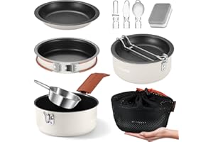 Odoland 10pcs Non-Stick Coating Camping Cookware Mess Kit, Lightweight Cooking Set with Plate Bowl Forks Knives Spoons - Perf