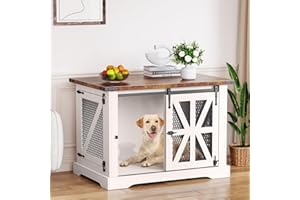 VOPEAK 40" Farmhouse Dog Crate Furniture, Heavy Duty Dog Crate for Medium Large Dogs, Dog Cage Dog Kennel Indoor with Double Doors, Chew Resistant End Table for Bedroom Living Room, White