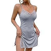 Marvmys Women's Sexy Lace Babydoll Nightgown Sleeveless Chemise Side Slit Lingerie Modal Sleepwear