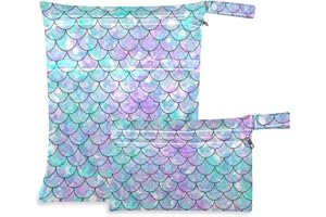 visesunny 2Pcs Wet Bag with Zippered Pockets Beautiful Rainbow Mermaid Scale Washable Reusable Roomy for Travel,Beach,Pool,Daycare,Stroller,Diapers,Dirty Gym Clothes, Wet Swimsuits, Toiletries