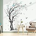 decalmile Large Watercolor Tree Wall Decals Blue Flower Branch Wall Stickers Living Room Bedroom Kitchen Wall Decor(H:63/48 Inches)