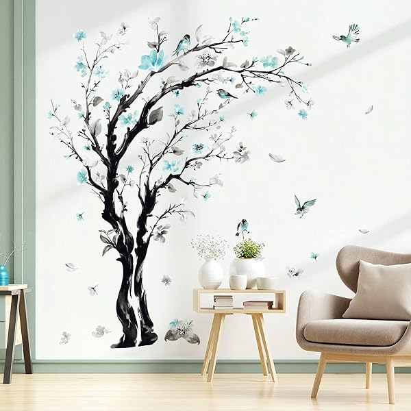 Sticker Mural Fleurs Roses, Branches, Oiseaux - 3 Feuilles 90x30 Cm
