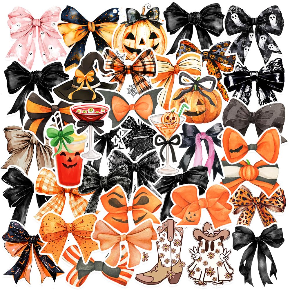 Photo 1 of 50PCS Halloween Bows Stickers,Ghost Fall Pumpkin Bows Stickers Decals,Vinyl Waterproof Stickers for Water Bottles,Laptop