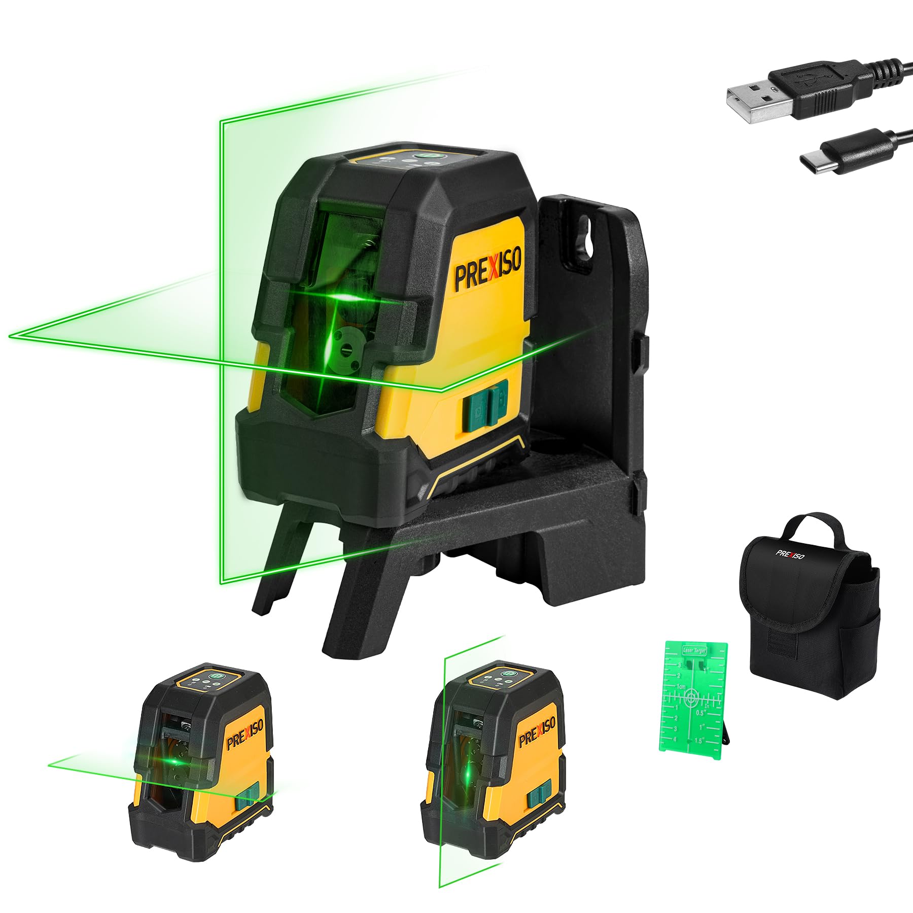 PREXISO 30 m Laser Level, Rechargeable Self Leveling Cross Line Green, Horizontal and Vertical Line Laser Level with Magnetic Holder, for Construction, House Decoration(Tripod Not Included)