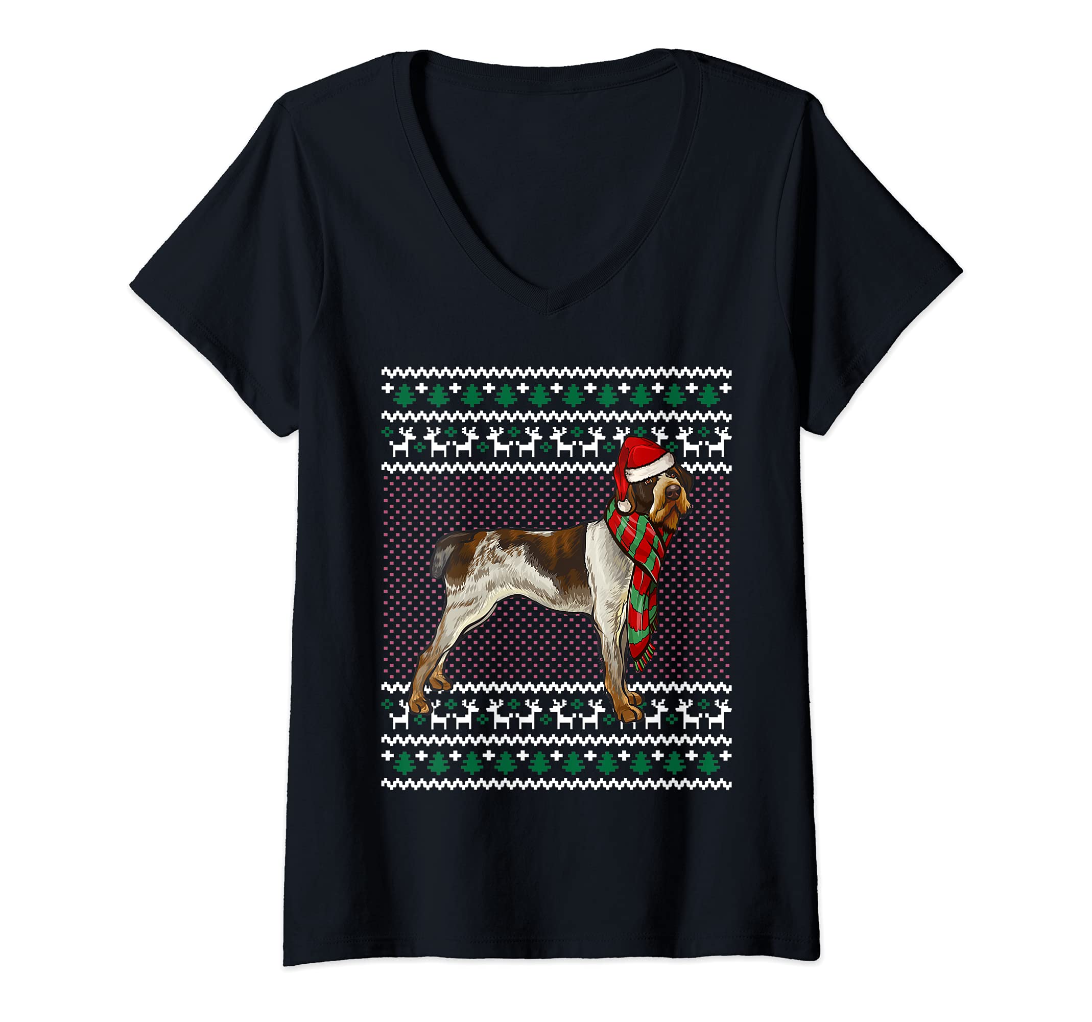 Womens Xmas German Wirehaired Pointer Dog Santa Hat Ugly Christmas V-Neck T-Shirt