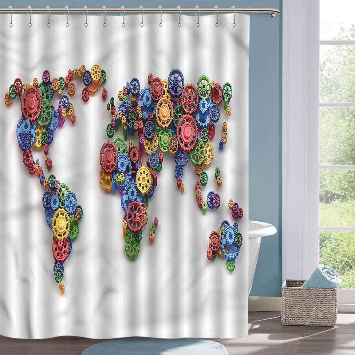 Cloth Shower Curtain Liner Industrial Gear Map Art Large Shower Curtain W48 xL72