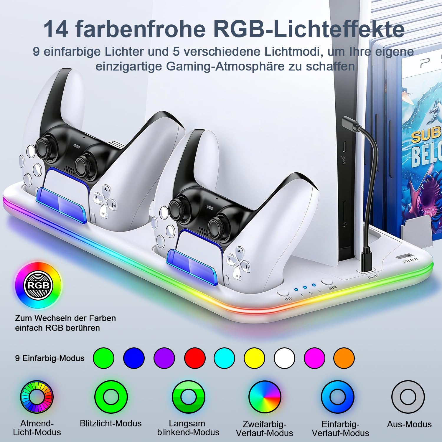 PS5 Stand Kühlständer für PS5/PS5 Slim/PS5 Pro, ps 5 ständer mit 3 Stufen Lüfter/RGB, Dual ps5 Controller Ladestation/Headset Halter/USB-Anschluss/15 Game-Slots, PS5-Zubehör,Weiß 6