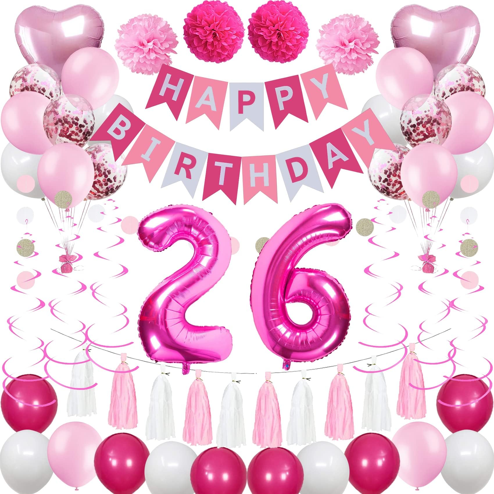 Photo 1 of NANINUNENO Sweet 26th Birthday Decorations for Women, Pink and White 26 Happy Birthday Balloons, Banner, Number 26 Foil Balloons