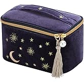 Handy cosmetic makeup bag,square Navy Velvet Embroidered Applique Moon Stars Sun Cosmetic Bag,High capacity Starry Makeup Pouch with Tassels & Pearl Zipper,Beautician Storage Bag Clutch Handbags
