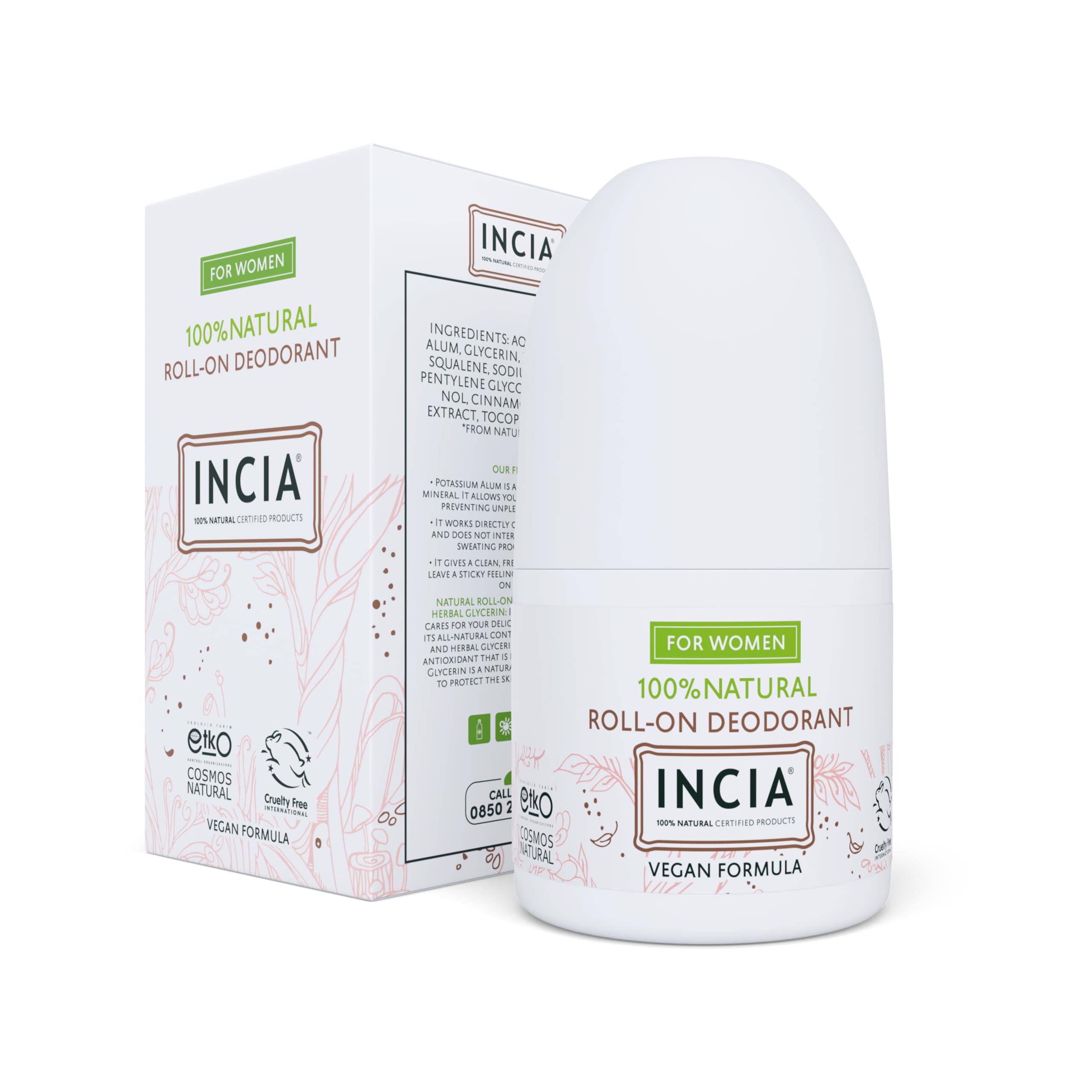 INCIA Natural Roll-On Deodorant For Women – Gentle & Long-Lasting Odor Protection With Potassium Alum & Squalene 50 Ml