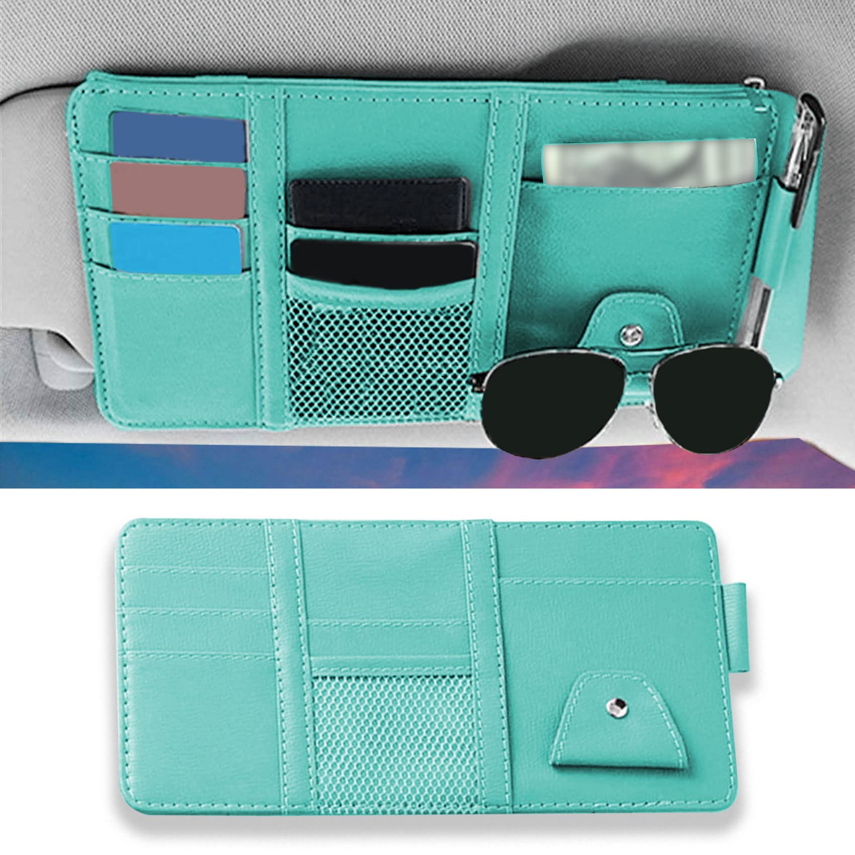 Photo 1 of 1 Pack Car Sun Visor Organizer, Sunglasses Holder for Car Sun Visor, Auto Interior Accessories Pocket Organizers Can Store for Sunglasses, Documents, Cards, Pen, Drivers License (Blue)