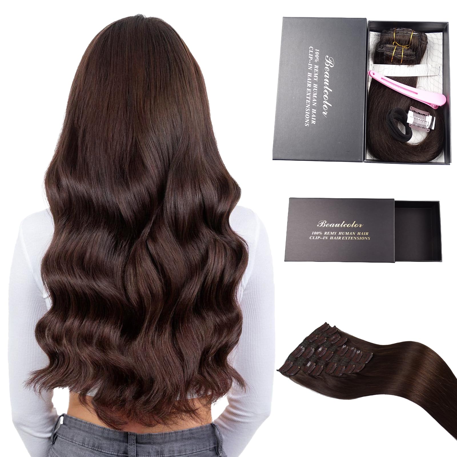Photo 1 of Straight Hair Extensions Real Human Hair 120G 12A Remy Human Hair Dark Brown Clip In Hair Extensions for Women(8Pcs 22Clips, 20 Inch)