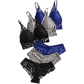 Verdusa Women's Lingerie Sets 6 Piece Lace Bow Floral Underwear Bras Wireless Padded Bra and Panty Set