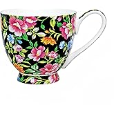 PMNING Bone China Coffee Mug Floral Coffee Tea Cup for Men Women -16 oz Flower Coffee Tea Mug Birthday Christmas Gifts for Friend Colleague Family (Black)