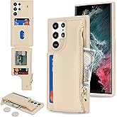Cavor for Samsung Galaxy S22 Ultra Case Wallet, for Galaxy S22 Ultra Wallet Case with Card Holder for Women Men,Leather Zipper Pocket Card Slots Phone Cover-Cream