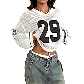 QJQ Women's Oversized Jersey Shirts Long Sleeve V Neck Crochet Knit Sweater Tops Hollow Out Graphic Pullover