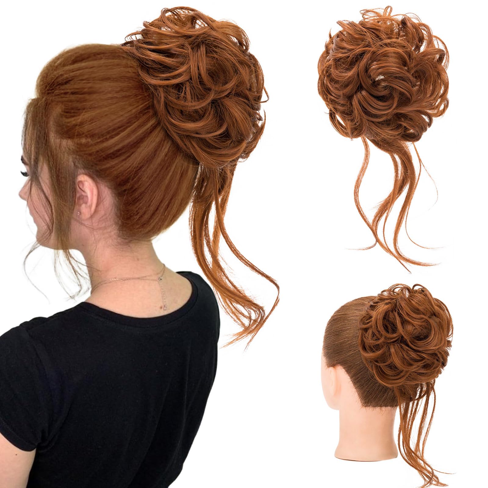 S-noilite Light Auburn Wavy Hair Wrap Ponytail Hairpiece, Messy Bun Hair Piece, 15cm x 29cm x 2cm, Size 46G, Heat Resistant Synthetic Hair Accessory