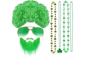 MATINIY 7Pcs St. Patrick's Day Costume Set-Green Curly Afro Wig and Shamrock Bead Necklace Party Sunglasses for St.Patrick's Day Costume Dress up
