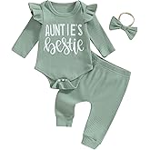 NZNDSHD Auntie Baby Clothes Girl Fall Winter Ribbed Knit Outfit Long Sleeve Romper Bodysuit Elastic Pants Headband Set