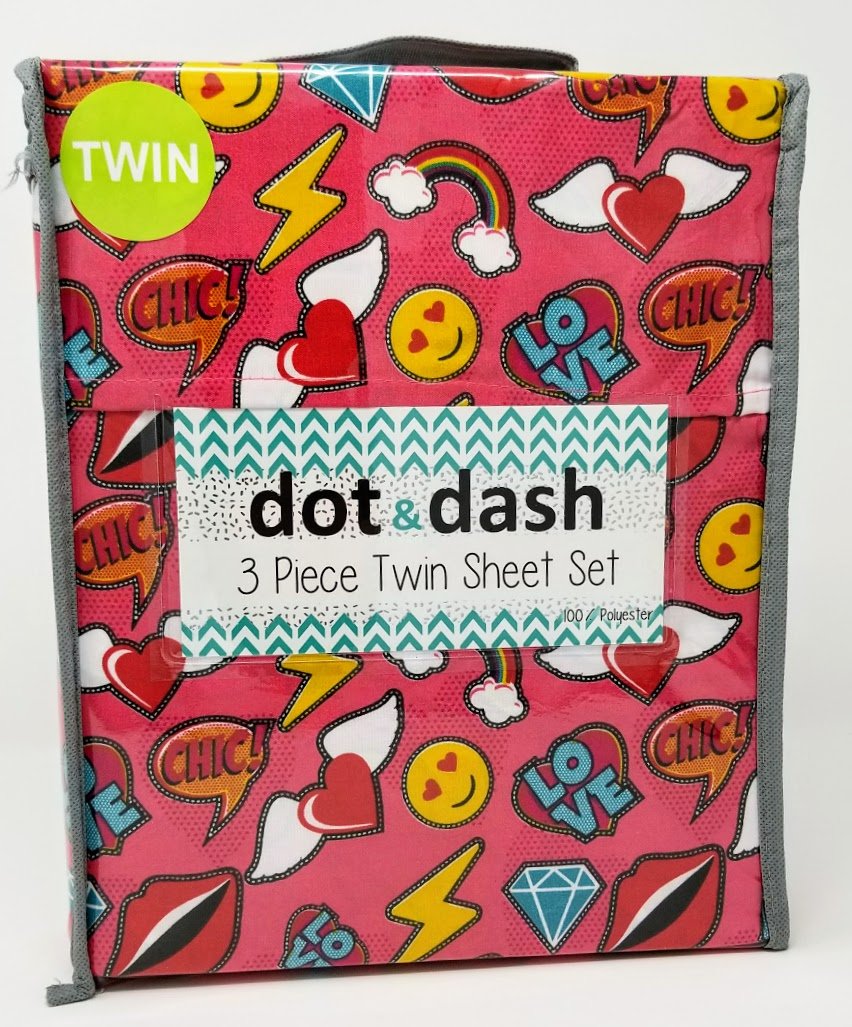 Dot & Dash 3 Piece Twin Sheet Set - Emojis on Red, Smilies, Rainbows, Diamonds