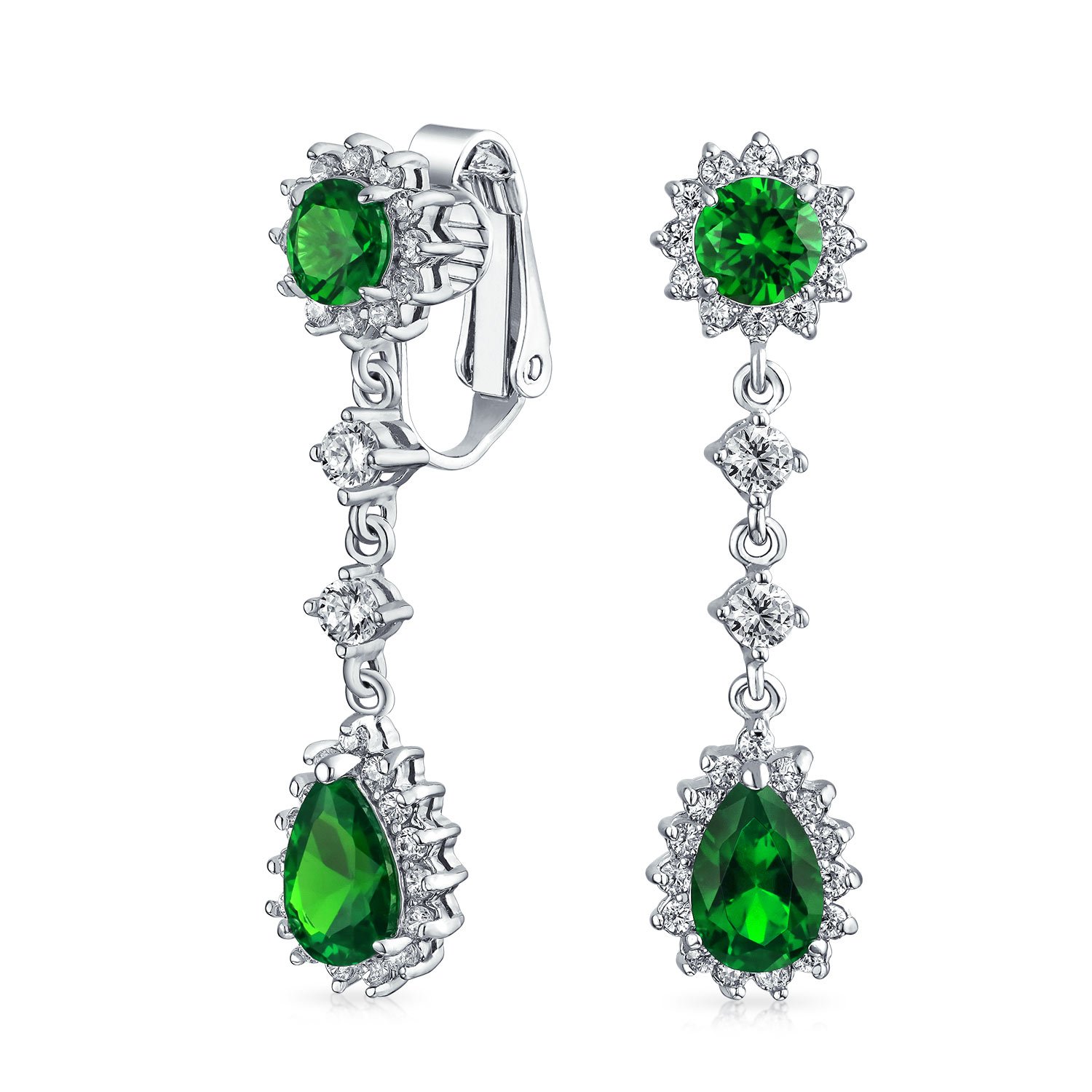 Vintage Style Bridal Simulated Emerald Green Statement Pave Crown Halo Cubic Zirconia AAA CZ Long Dangling Oval Teardrop Chandelier Clip On Earrings For Women Non-Pierced — image 1
