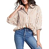 Womens Cropped Striped Shirts Button Down Half Sleeve Ruffle Bottom V Neck Casual Summer Blouse Tops