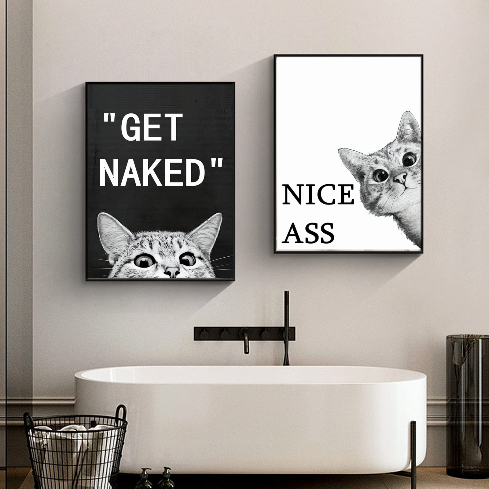 LXTOPN Set of 2 Posters Bathroom Decoration Pictures - Funny Animal Art Print Black White Cat Pictures Decoration Bedroom - Toilet Decorative Canvas Stylish Wall Pictures without Frame(T1,2*40x60cm)