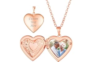 Custom4U Personalized Heart Locket Necklace with Pictures,Sunflower/Angel Wings/Heart Shaped Lockets Custom Photo,Gold/Rose G
