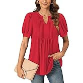 Anyally Womens Summer/Spring Dressy Casual Blouse Puff Short Sleeve Tunic Tops Pleated T-Shirts for Work