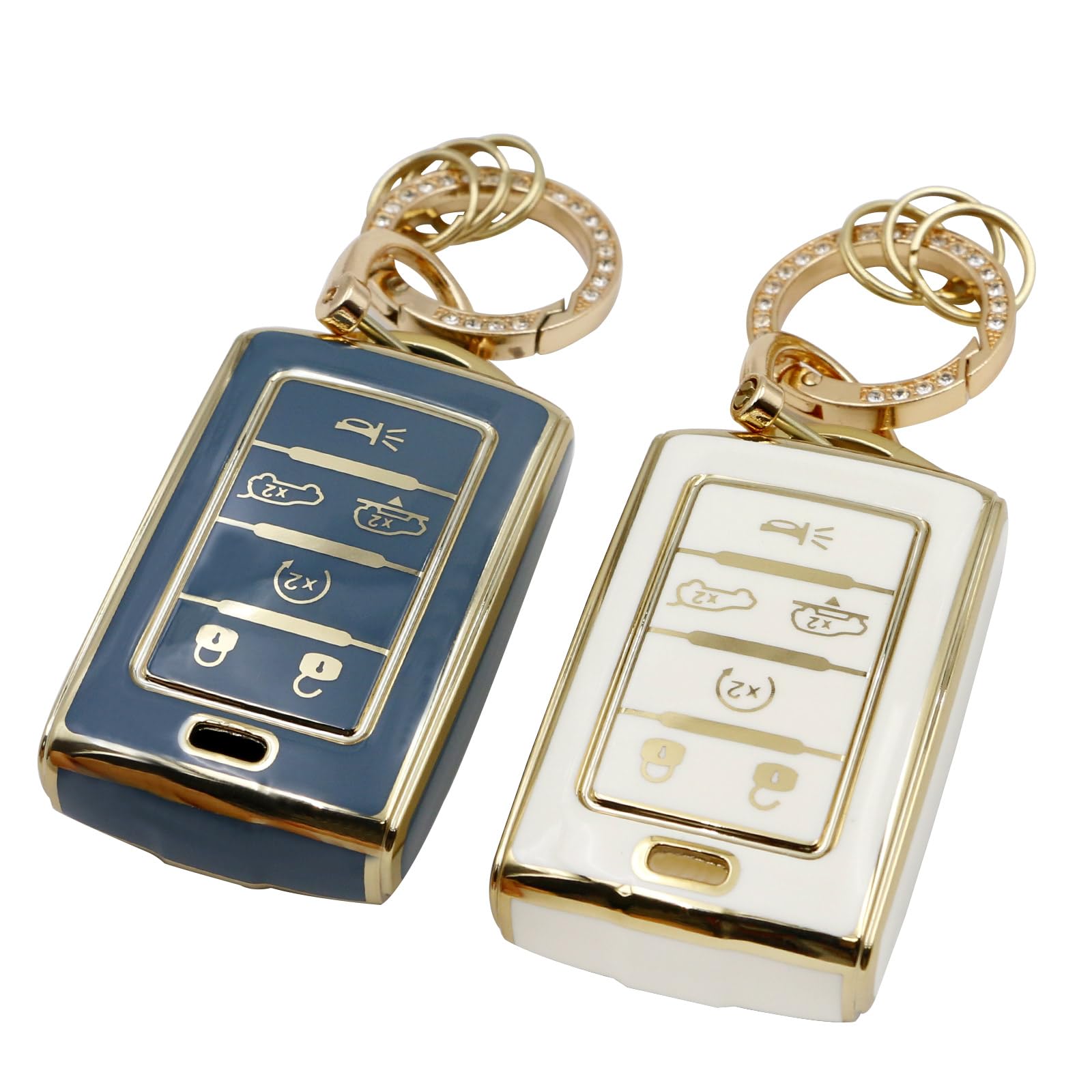Photo 1 of 2pcs Key Fob Cover with Metal Keychain Compatible with 2022-2024 Jeep Grand Wagoneer Soft TPU Protection Case Shell (6-Buttons White Gray)