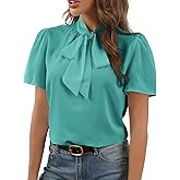 Rooscier Women's Bow Tie Knot Mock Neck Short Sleeve Elegant Workwear Blouse Shirt Top