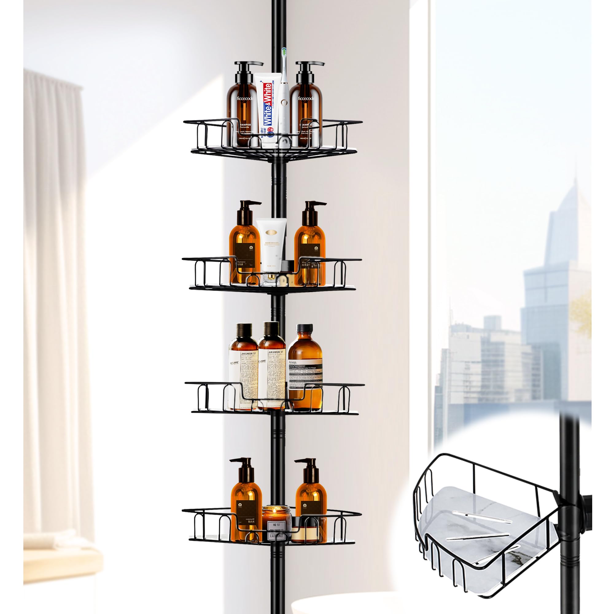 Widyana Matte Black Corner Shower Caddy Tension Pole, 4 Rustproof Metal ...
