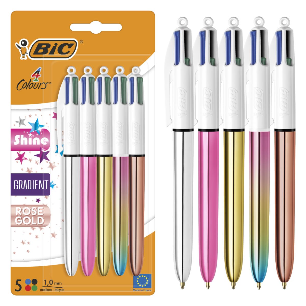 BiC 4 Colours Shine and Gradient Retractable Ball Pens Medium Point (1.00 mm) in Metallic Silver, Gold, Pink, Rose Gold, and Gradient Pastel - Pack of 5