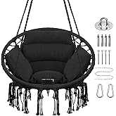 Goutime Hammock Chair with Hanging Hardware Kit and Back Cushions,Macrame Boho Swing Chairs for Indoor,Outdoor,Bedroom,Patio (Black)