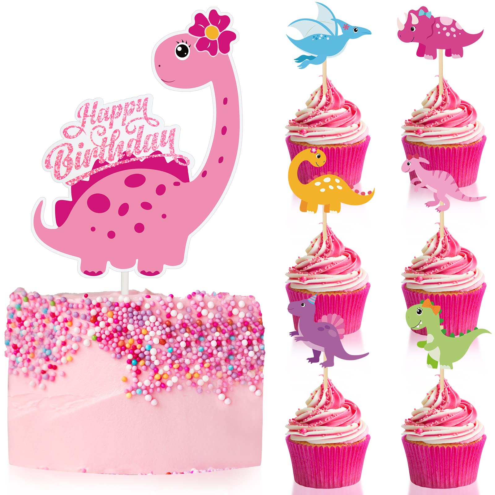 Photo 1 of Containlol 37 Pieces Pink Dinosaur Cake Toppers for Girls Dinosaur Cupcake Toppers Girls Birthday Party Decorations Colorful Cake Decorations for Kids Birthday Girl Baby Shower Party Supplies