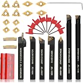 Indexable Lathe Turning Tool 21Pcs Kit 1/2'' 12mm Shank 7 Pcs Metal Lathe Tool Holder Set with 14 Pcs Turning Inserts for Turning Grooving Threading Boring Carbide Inserts Carbide Turning Tool