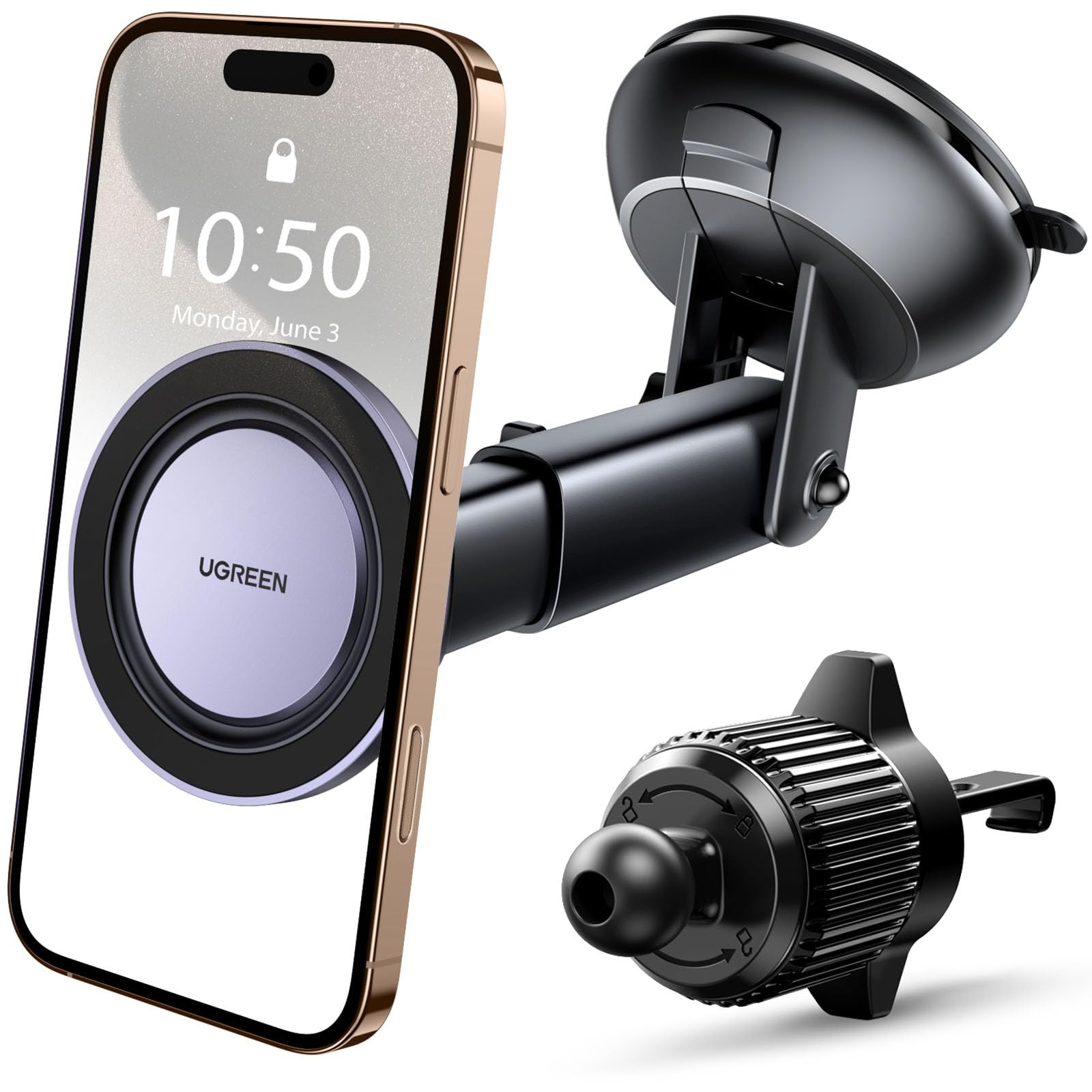 UGREEN Magnetic Car Phone Mount Compatible with MagSafe Car Mount - [2025 Upgraded] All-in-One Car Phone Holder Dashboard Windscreen Air Vent Compatible with iPhone 17 Pro Max Air 16 15 14 13 12 Mini