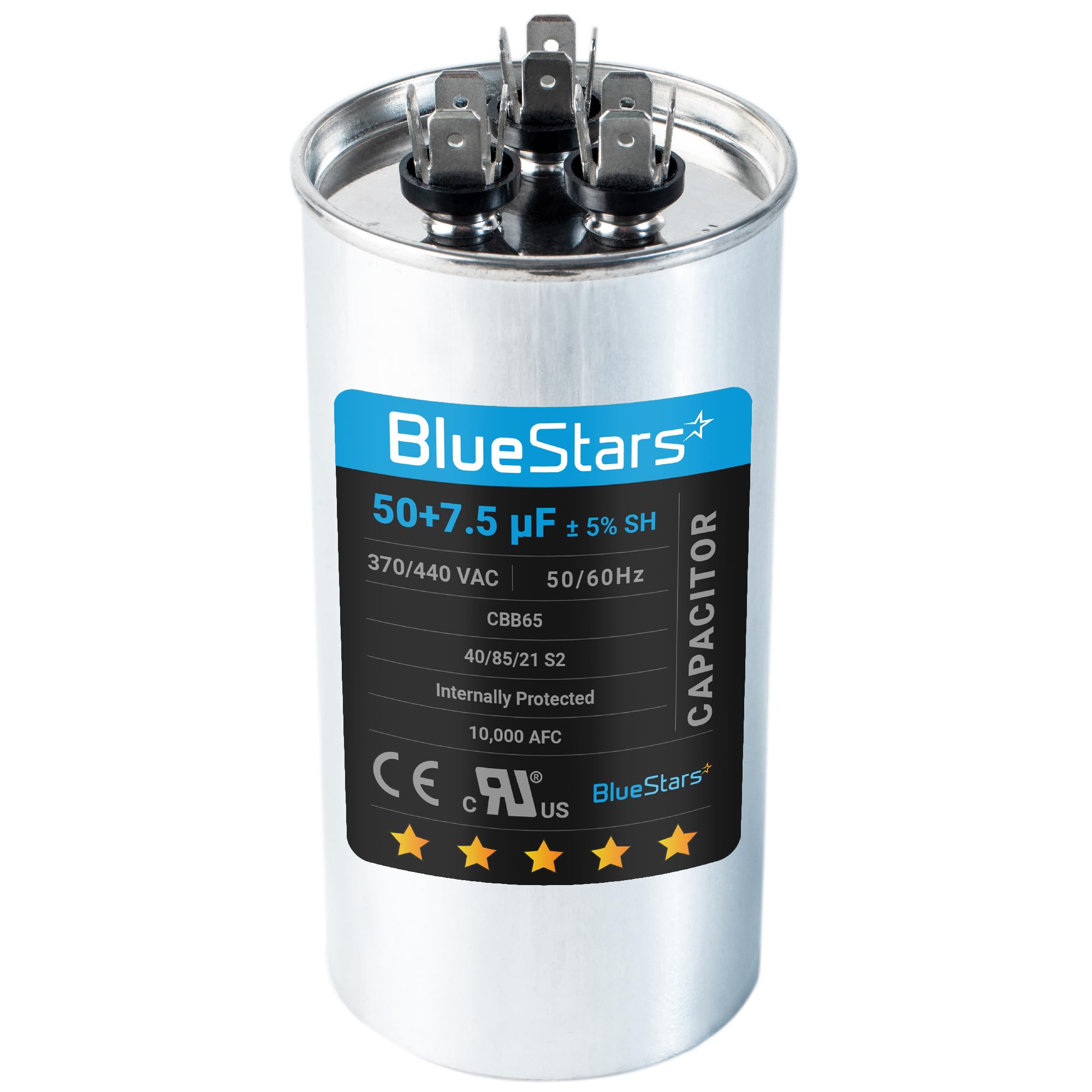 Photo 1 of [2025 Updated] BlueStars 50/7.5 uF 50+7.5 MFD ±5% 370 or 440 Volt AC CBB65 CBB65B Dual Run Round Capacitor - Air Conditioner Capacitor for AC Unit Fan Motor Start, Heat Pump, Condenser Straight Cool