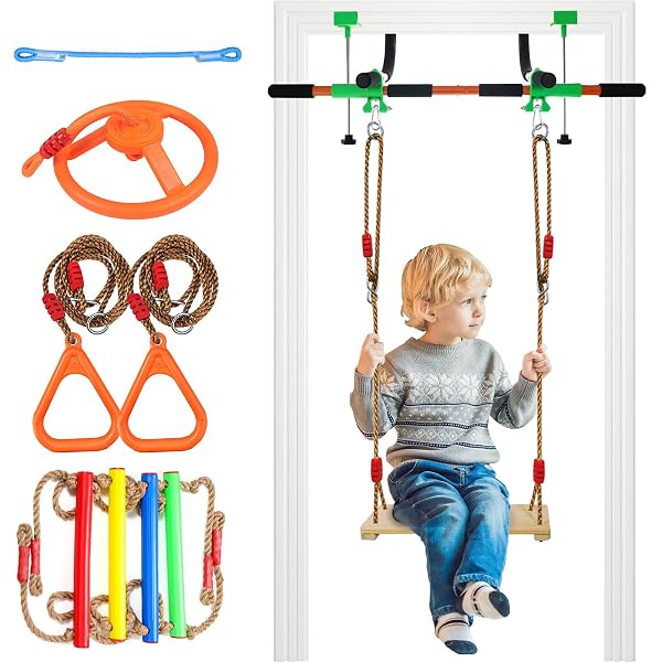 DOORWAY SWING FOR KIDS & DOOR PULL UP BAR FOR ADULTS, INDOOR KID SWING WITH 4 ACCESSORIES, MULTI-FUNCTION DOORWAY GYM, FITS DOOR FRAME 24.41-30.51” W X 3.94-6.69” THICKNESS (ORANGE)