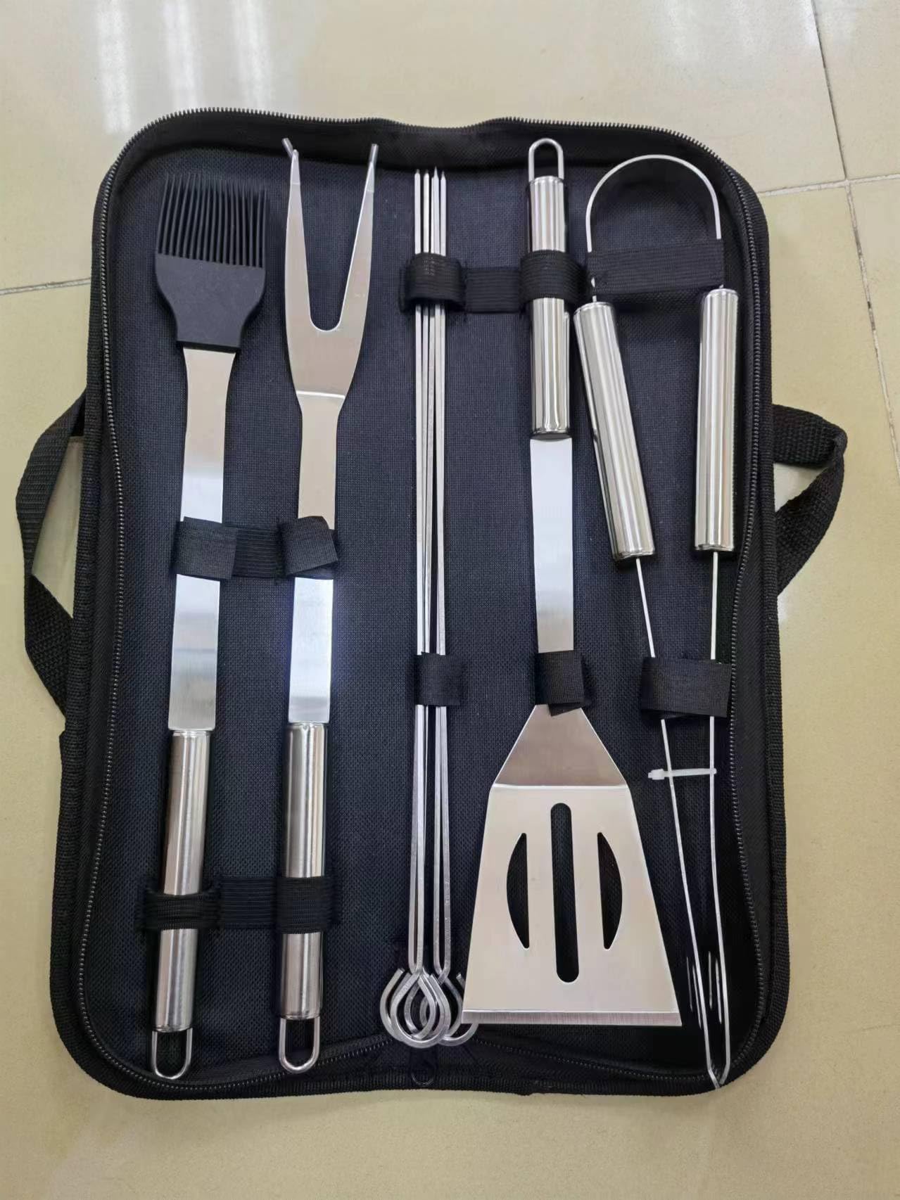 NewlineNY Stainless Steel BBQ Grill Tool Kit 9 PCS Set : Tong, Meat Fork, Basting Brush, Spatula, 5 Skewers + Carrying Bag for Picnic Camping Barbeque Cooking Grilling Set