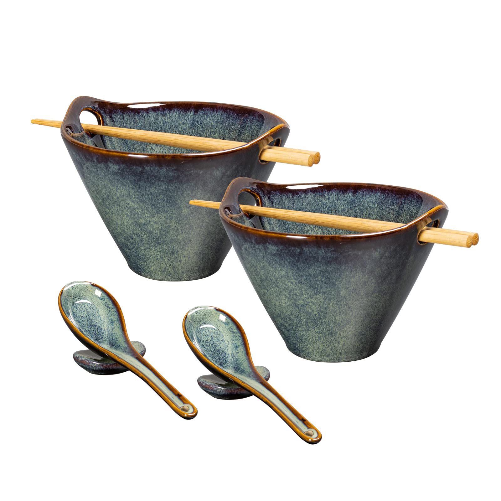 Photo 1 of UNICASA Japanese Ramen Bowl Set with Chopsticks, Spoons and Rests, 20oz Deep Porcelain Noodle Bowl Set of 2 for Udon, Pho, Salad, Soup (Reactive Green)