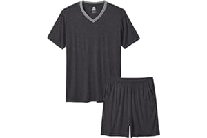 MoFiz Mens Pajama Set Summer Pjs Sleepwear Nightwear Lightweight Quick Dry Soft Short Sleeve V-Neck Pjs Sleep Set With Pocket