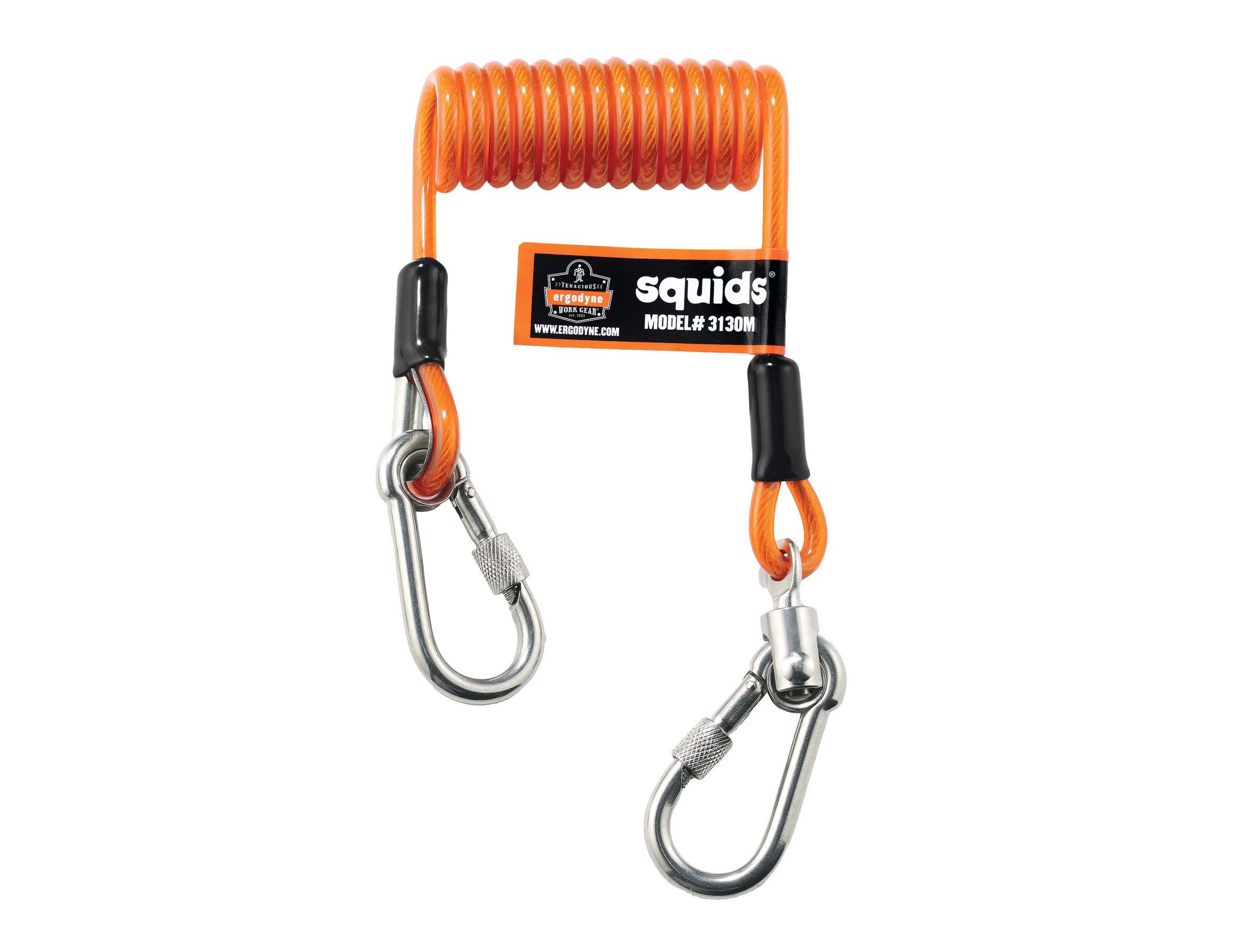 Ergodyne Squids 3130M Coiled Cable Tool Lanyard with Dual Stainless Steel Carabiners, 5 Pounds