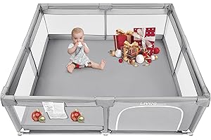 LIVINGbasics Baby Playpen, 73''x61'' Extra Large Playard Play Activity Center with Door Breathable Mesh Indoor/Outdoor